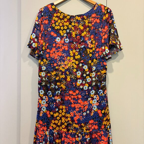 Anthropologie Ruffled Satin Mini Dress in Black Motif Size 14 - Picture 5 of 8